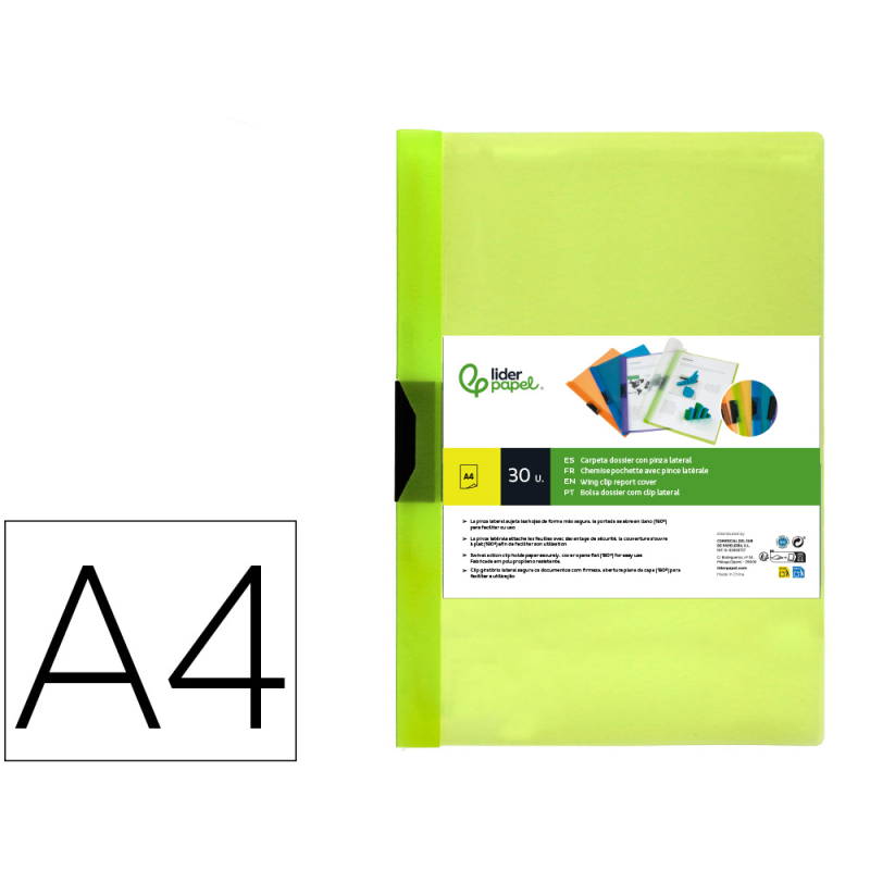 Carpeta liderpapel dossier pinza lateral 45303 polipropileno din a4 verde cla30 hojas pinza deslizante