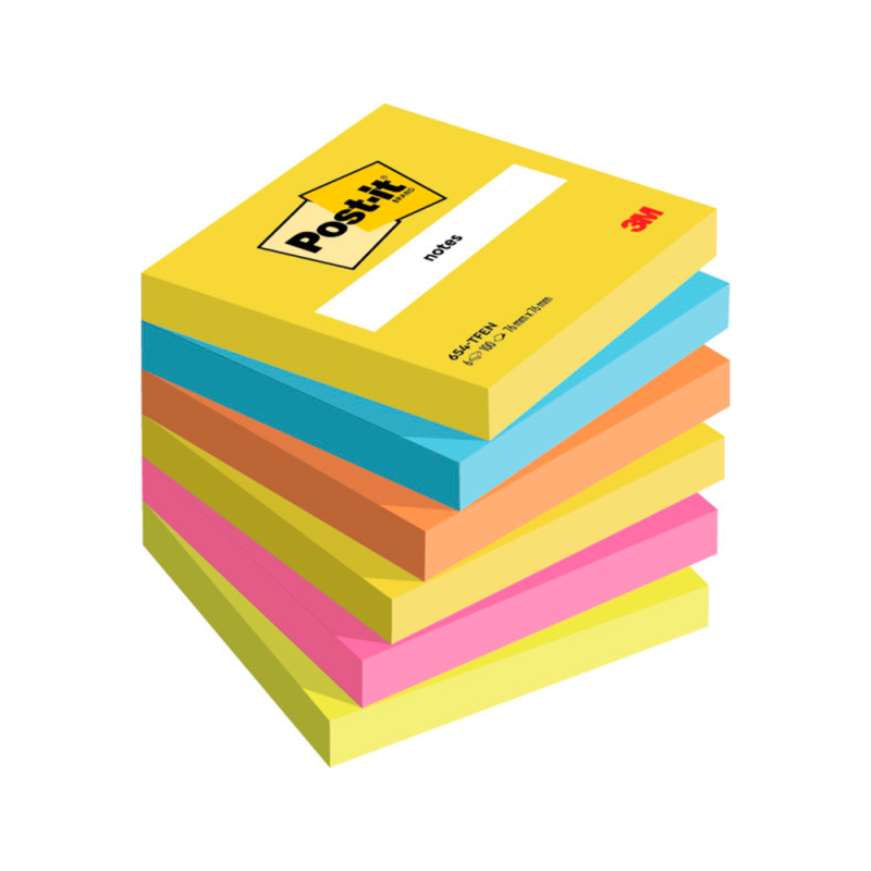 Bloc de notas adhesivas quita y pon post-it 76x76 mm neon pack de 6 blocs surtido