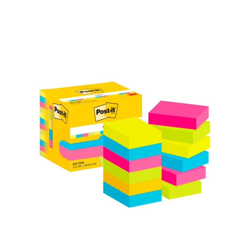 Bloc de notas adhesivas quita y pon post-it 38x51 mm neon pack de 12 blocs surtido