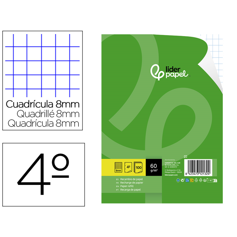 Recambio liderpapel cuarto 100 hojas 60gr cuadro 8mm con margen 6 taladros