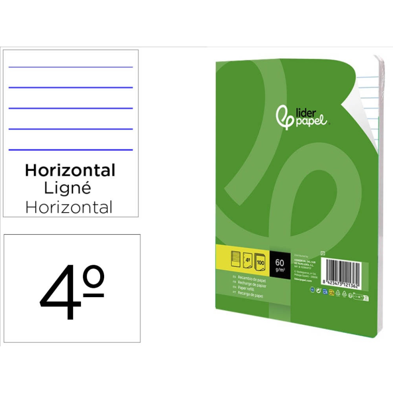 Recambio liderpapel cuarto 100 hojas 60gr horizontal con margen 6 taladros