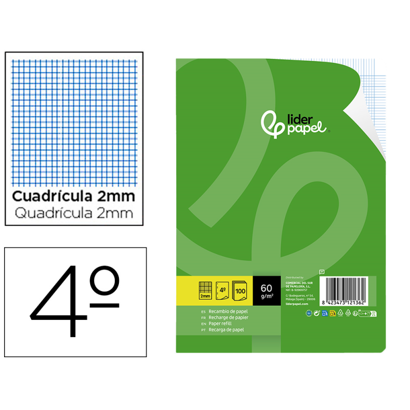 Recambio liderpapel cuarto 100 hojas 60gr milimetrado sin margen 6 taladros