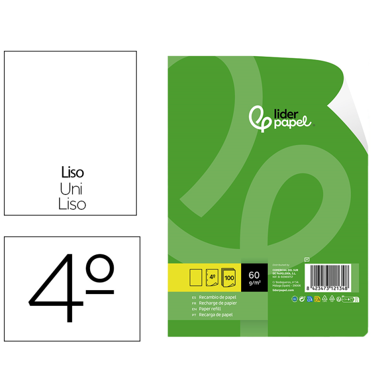 Recambio liderpapel cuarto 100 hojas 60gr liso sin margen 6 taladros