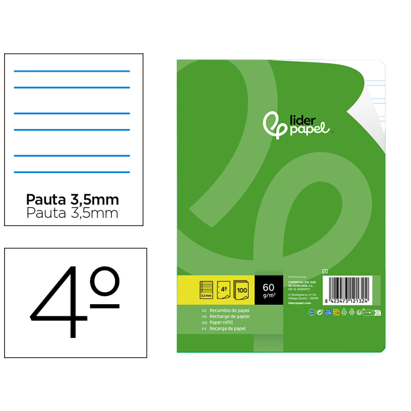 Recambio liderpapel cuarto 100 hojas 60gr pauta 4ª 3.5mm con margen 6 taladros
