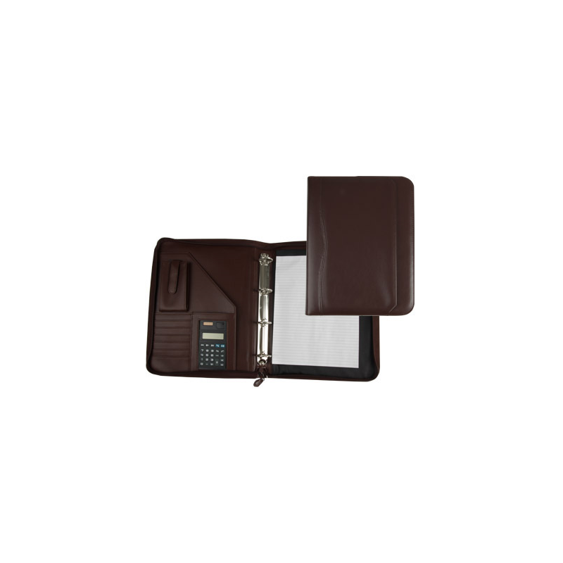 Carpeta portafolios q-connect cremallera 4 anillas 20 mm concalculadora con bolsa para movil color marron 260x355 mm