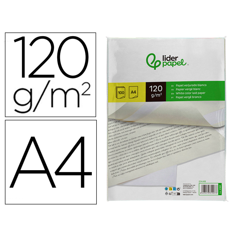 Papel verjurado liderpapel a4 120g/m2 blanco paquete de 100 hojas