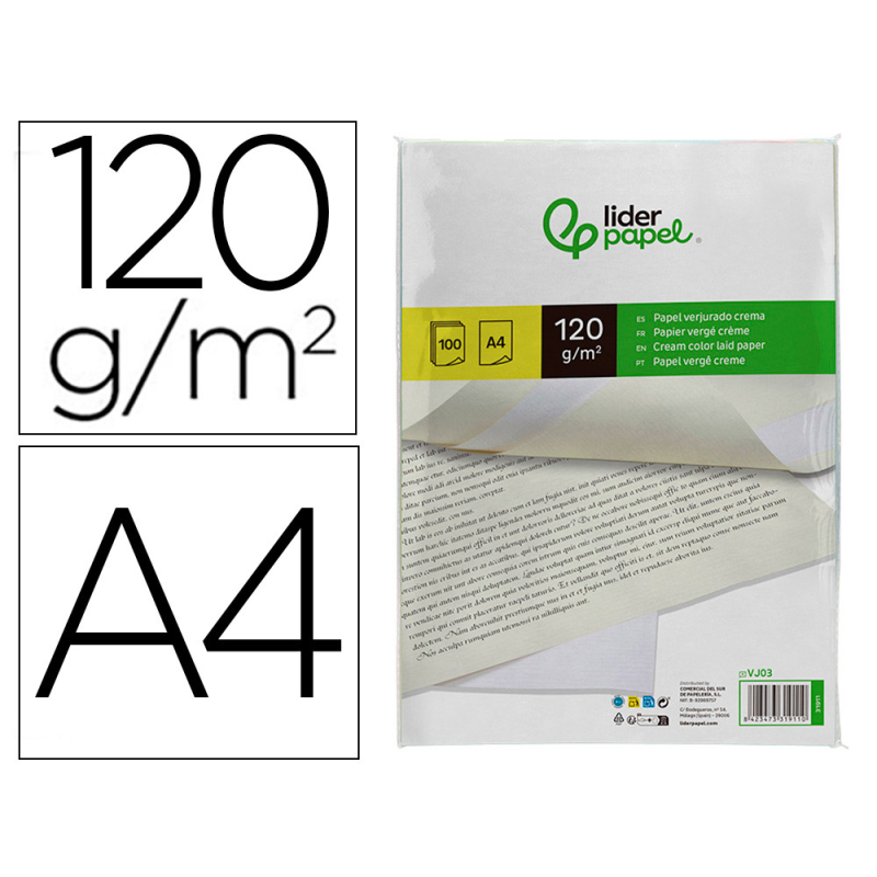 Papel verjurado liderpapel a4 120g/m2 crema paquete de 100 hojas