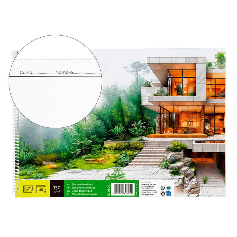Bloc dibujo liderpapel lineal arquitectura espiral 230x325 mm 20 hojas 130g/m2 con recuadro perforado