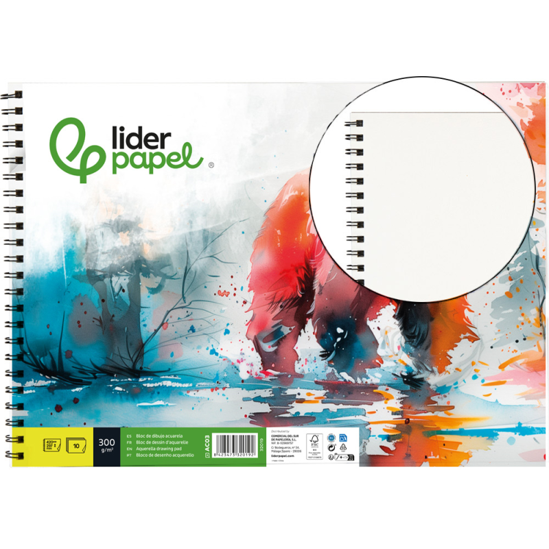 Bloc dibujo liderpapel acuarela espiral 297x420mm 10 hojas 300g/m2 sin recuadro