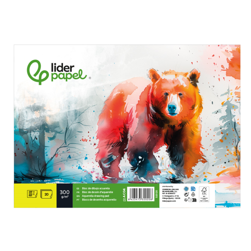 Bloc dibujo liderpapel acuarela encolado 210x297mm 20 hojas 300g/m2 sin recuadro