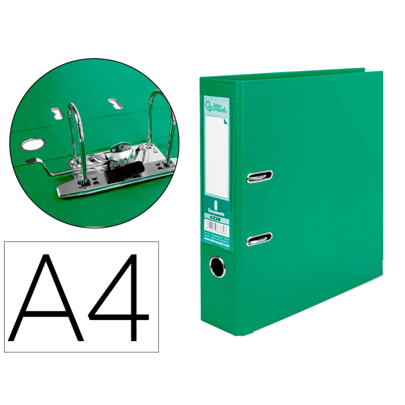 Archivador de palanca liderpapel a4 documenta forrado pvc con rado lomo 75mm verde compresor metalico