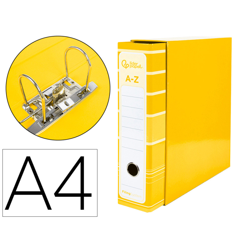 Archivador de palanca liderpapel a4 filing system forrado sin rado lomo 80mm amarillo con caja y compresor metal