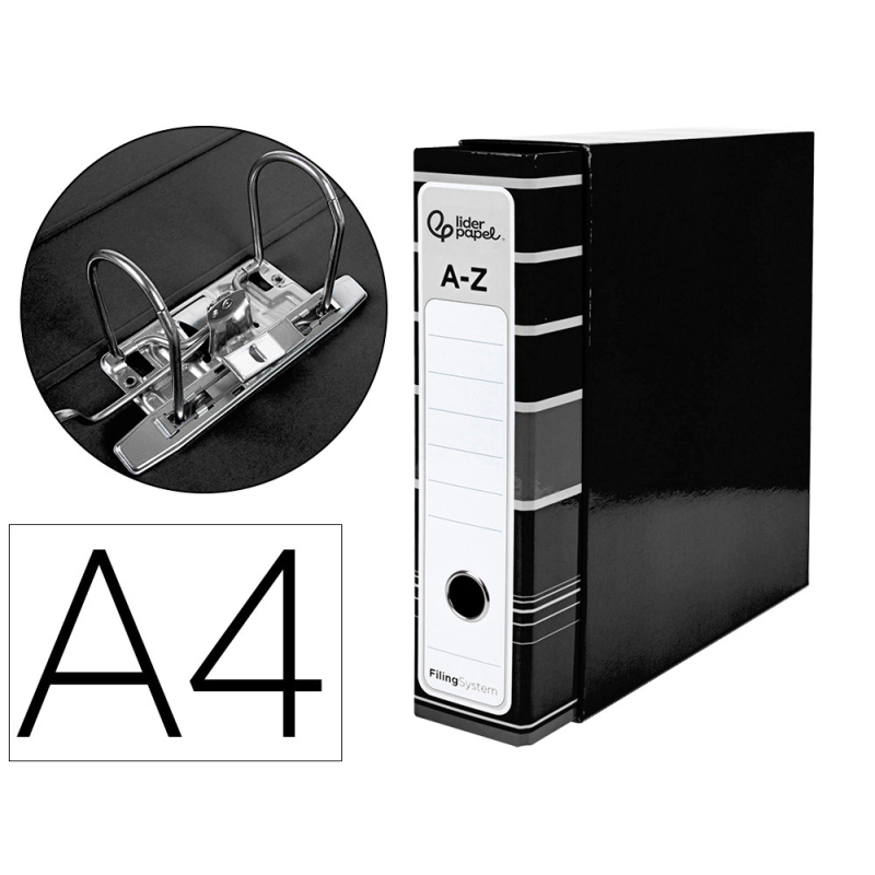 Archivador de palanca liderpapel a4 filing system forrado sin rado lomo 80mm negro con caja y compresor metalico