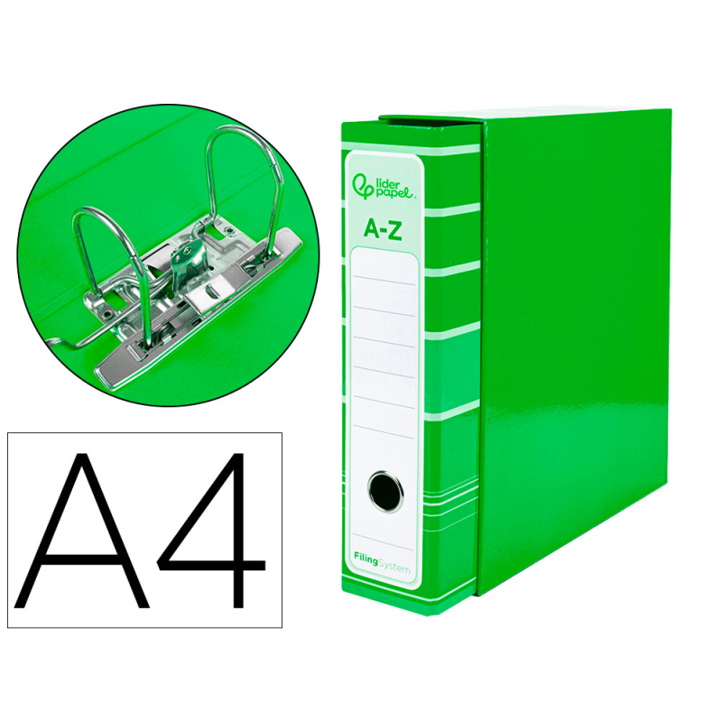 Archivador de palanca liderpapel a4 filing system forrado sin rado lomo 80mm verde con caja y compresor metalico