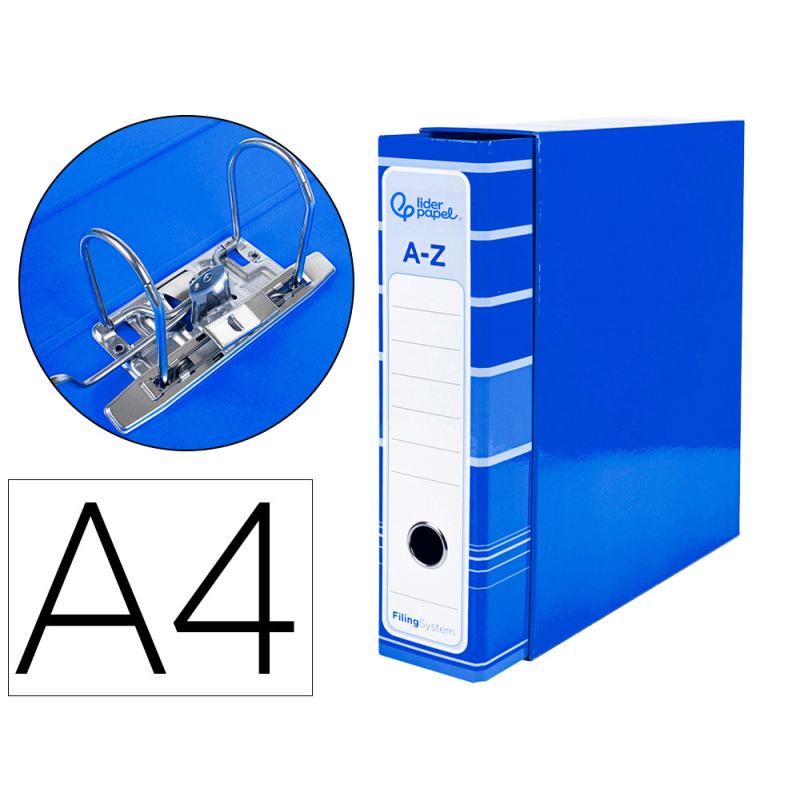 Archivador de palanca liderpapel a4 filing system forrado sin rado lomo 80mm azul con caja y compresor metalico