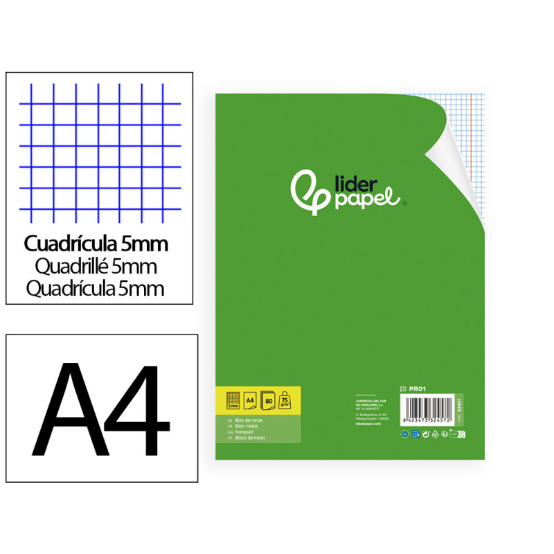 Bloc notas liderpapel cuadro 5mm a4 80 hojas 60g/m2 encolado 4 taladros doble margen