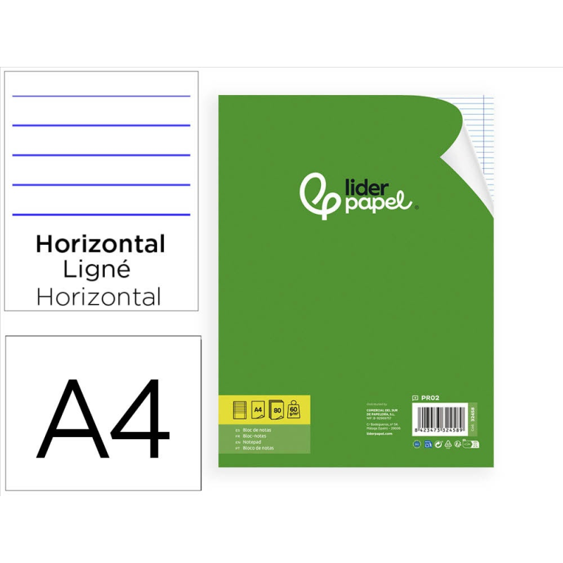 Bloc notas liderpapel horizontal a4 80 hojas 60g/m2 encolado 4 taladros doble margen azul