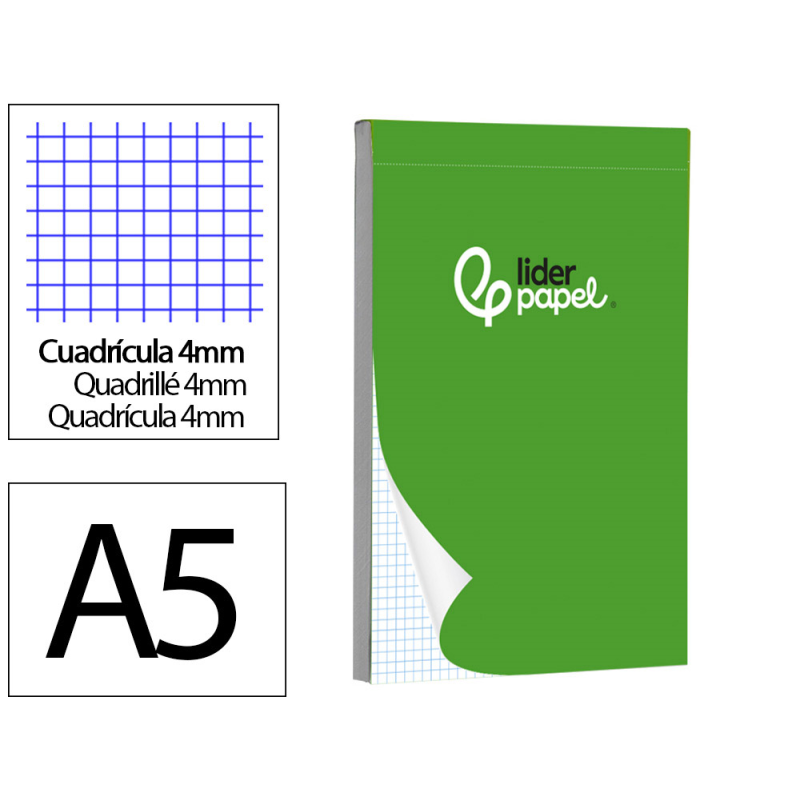Bloc notas liderpapel cuadro 4mm a5 80 hojas 60g/m2 perforado