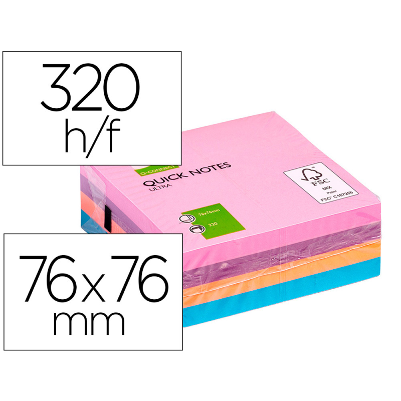 Bloc de notas adhesivas quita y pon q-connect con 320 hojas 76x76mm