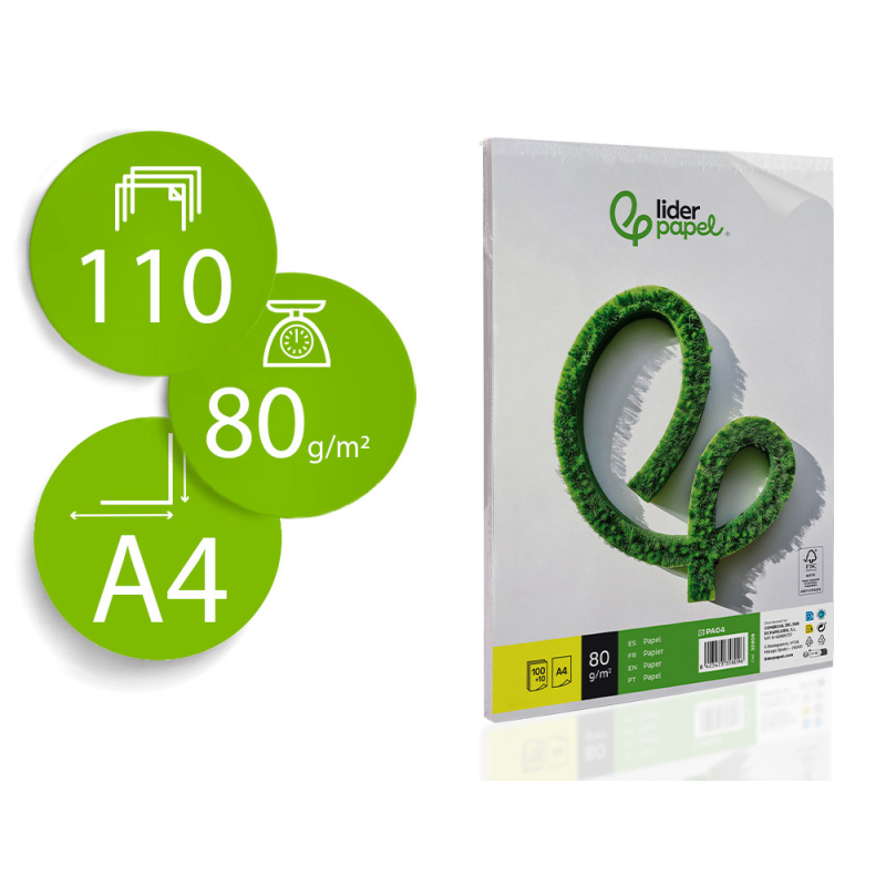 Papel liderpapel a4 8og/m2 liso paquete de 100 hojas + 10 hojas gratis