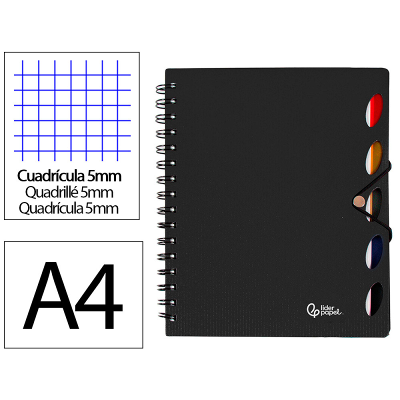 Cuaderno espiral liderpapel a4 micro executive tapa plastico 100h 80gr cuadro 5mm 5 sep aradores con gomilla negro