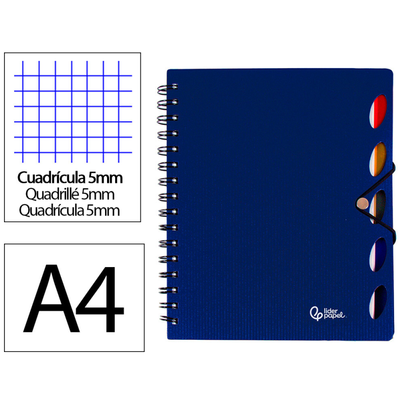 Cuaderno espiral liderpapel a4 micro executive tapa plastico 100h 80gr cuadro 5mm 5 sep aradores con gomilla azul