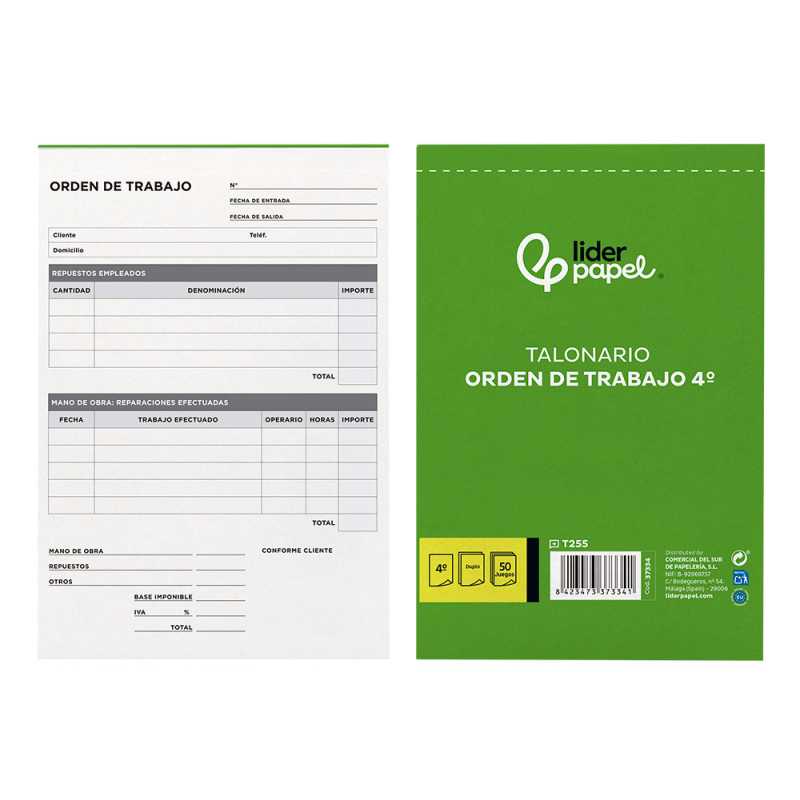 Talonario liderpapel orden de trabajo cuarto original y copia t255