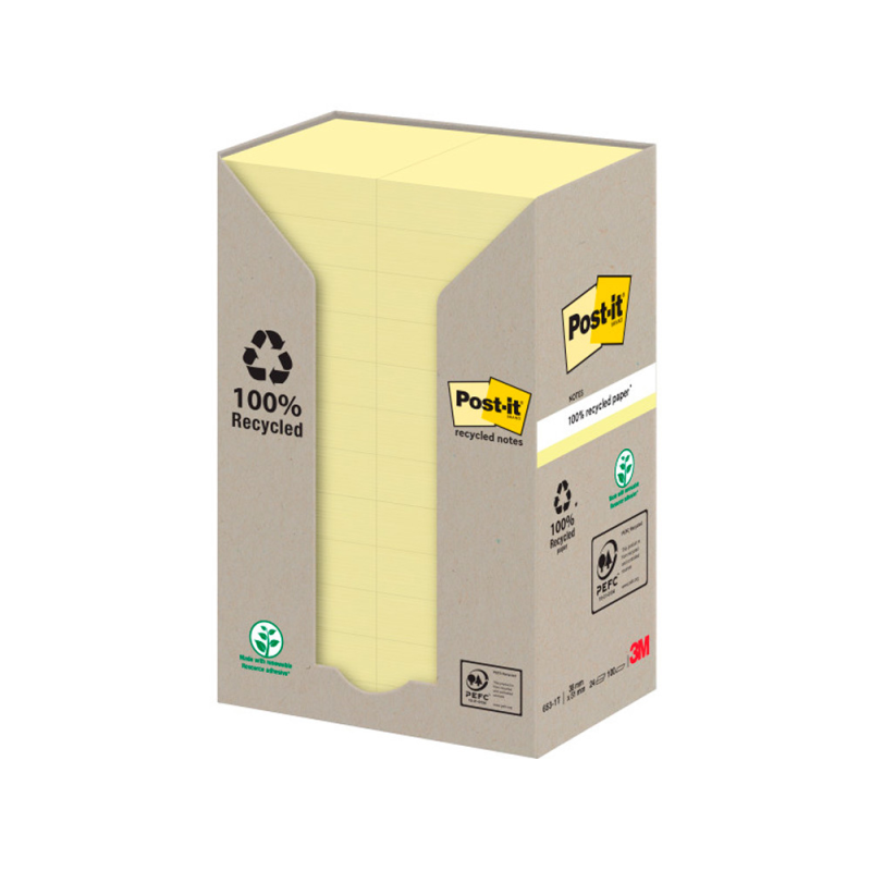 Bloc de notas adhesivas quita y pon reciclada en torre post-it 38 x 51 mm 24 blocs 653 reciclado