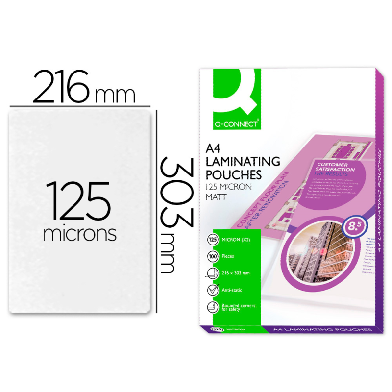 Bolsa de plastificar q-connect 303 x 216 mm din a4 125 mc autoadhesivas caja de 100 unidades