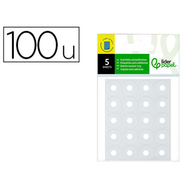 Arandela autoadhesiva liderpapel blanca blister de 100 unidades
