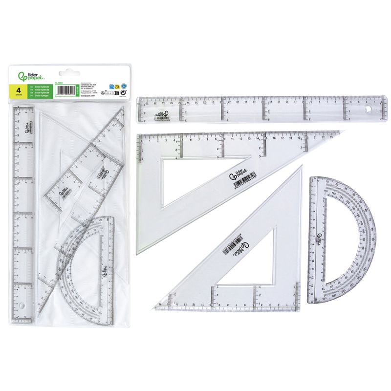 Juego escuadra y cartabon 25cm regla 30cm y semicirculo 15cm liderpapel en petaca incolora