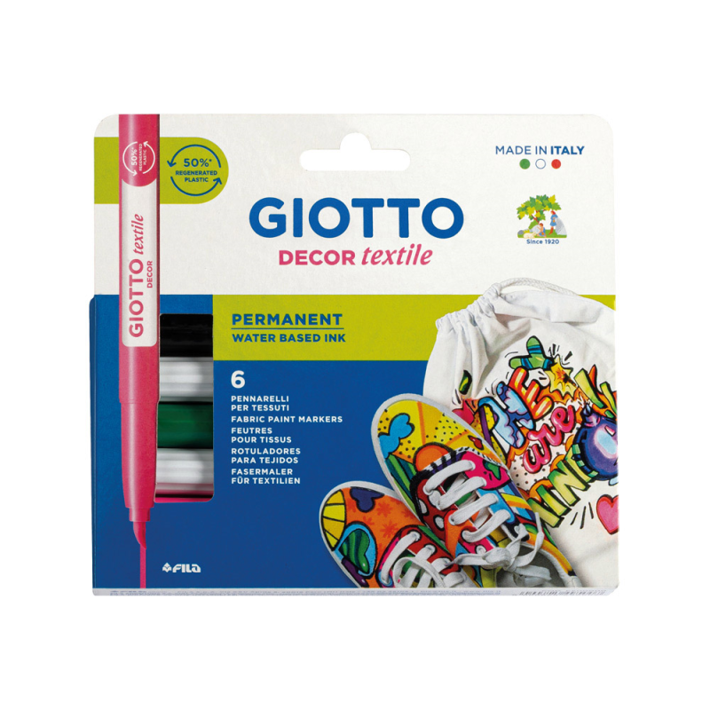 Rotulador giotto decor textile para camisetas caja de 6 unidades colores surtidos