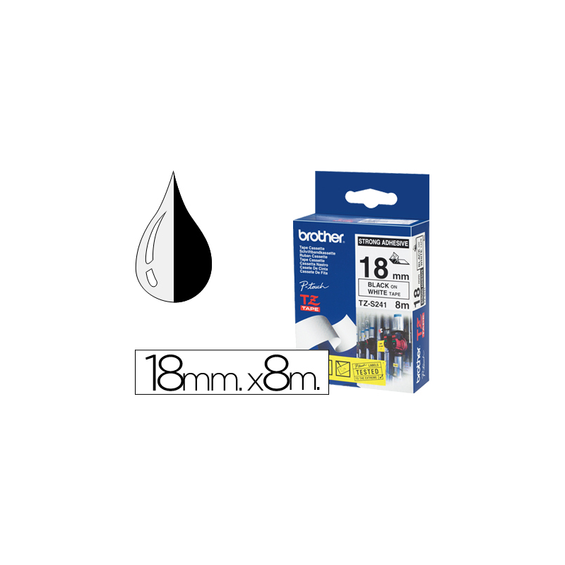 Cinta brother tzes241 blanco-negro 18mm longitud 8 mt superadhesiva