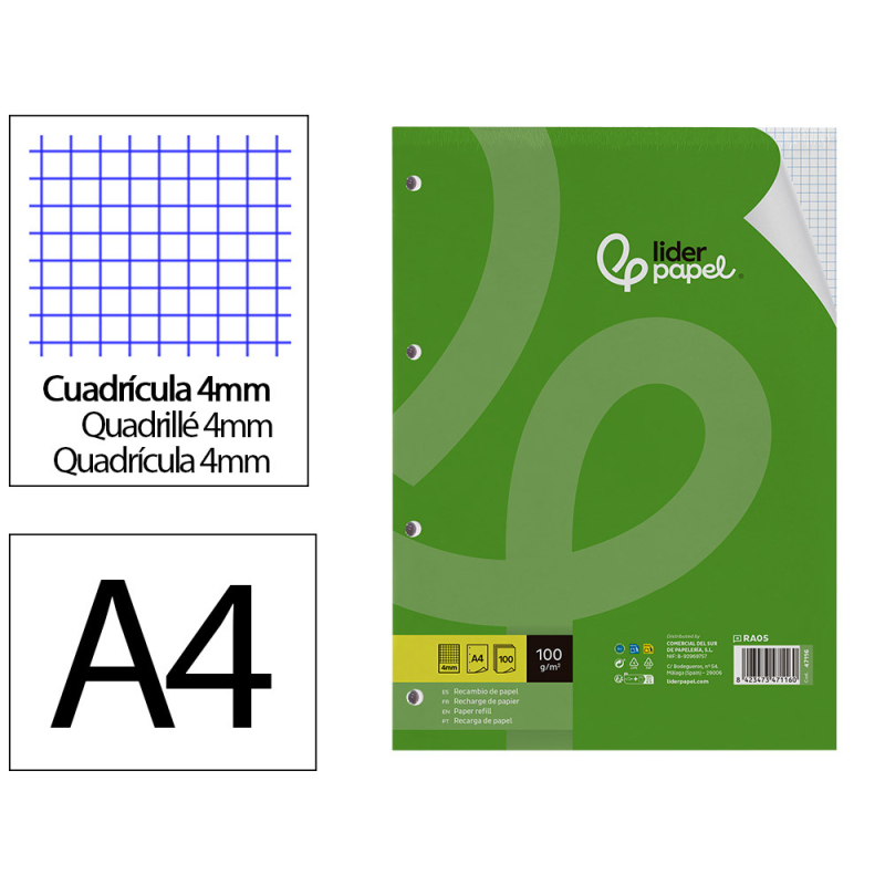 Recambio liderpapel a4 100 hojas 100gr cuadro 4mm con m argen 4 taladros