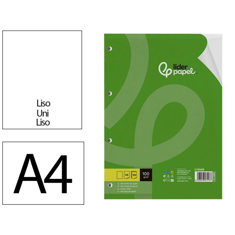 Recambio liderpapel a4 100 hojas 100gr liso sin margen 4 taladros