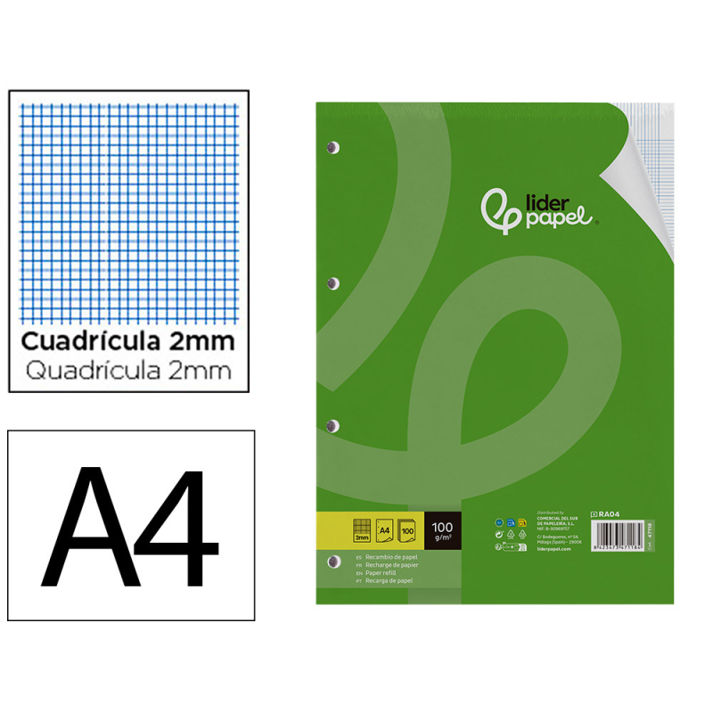 Recambio liderpapel a4 100 hojas 100gr milimetrado 2mm sin margen 4 taladros