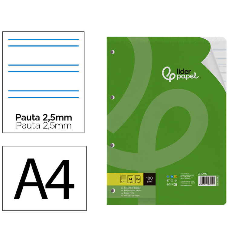 Recambio liderpapel a4 100 hojas 100gr pauta 5ª 2.5mm con margen 4 taladros