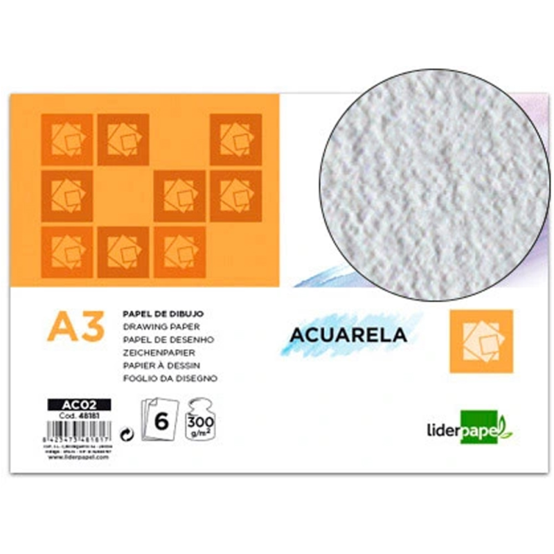 Papel dibujo liderpapel 297x420mm 300g/m2 acuarela pack de 6 hojas