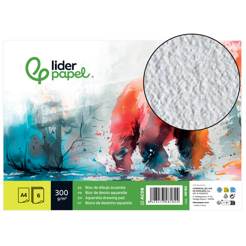 Papel dibujo liderpapel 210x297mm 300g/m2 acuarela pack de 6 hojas