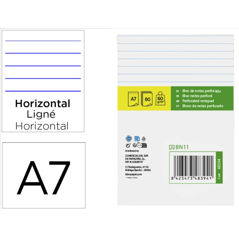 Bloc notas liderpapel horizontal a7 80 hojas 60g/m2 perforado