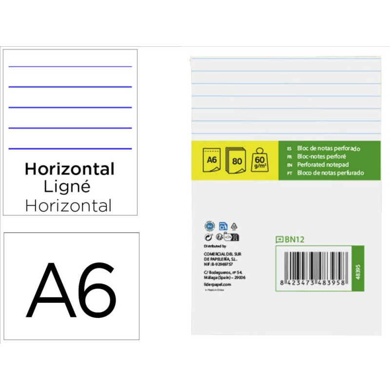 Bloc notas liderpapel horizontal a6 80 hojas 60g/m2 perforado