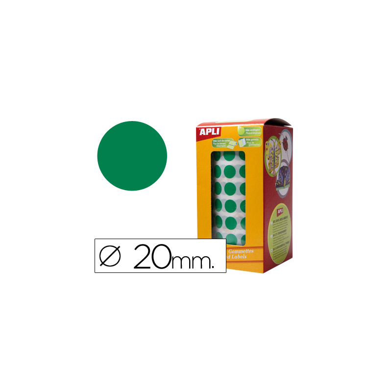 Gomets autoadhesivos circulares 20mm verde rollo de 1770 unidades