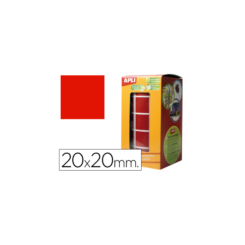 Gomets autoadhesivos cuadrados 20x20 mm rojo rollo de 1770 unidades