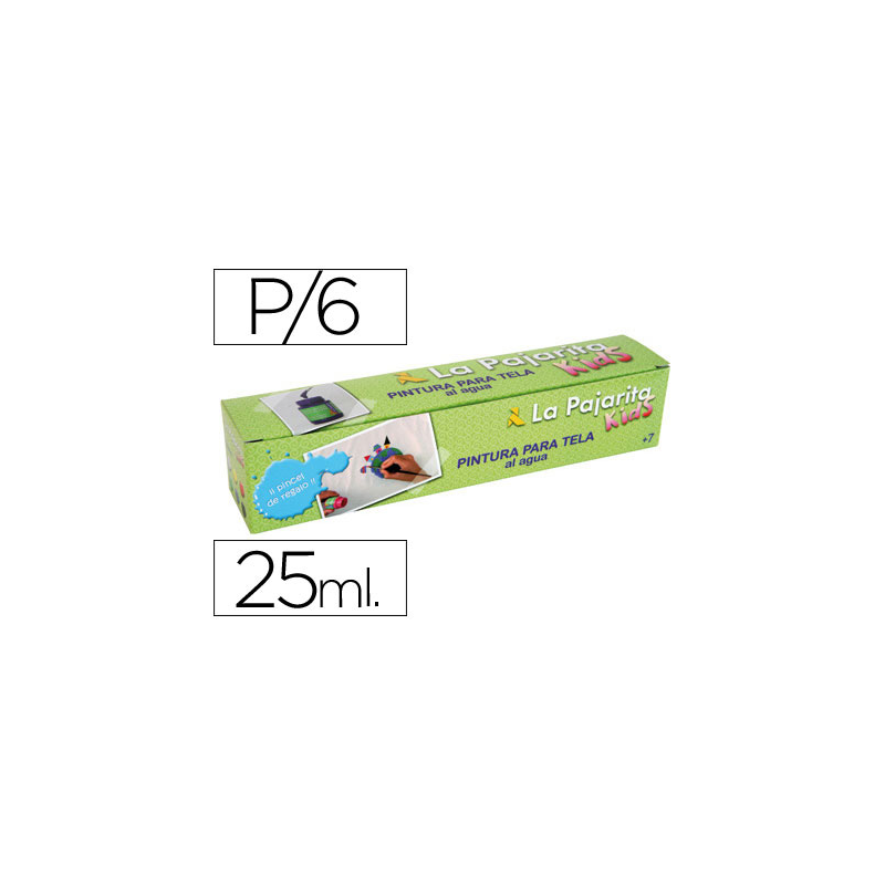 Pintura para tela la pajarita kids 25 ml caja de 6 unidades colores surtidos + pincel
