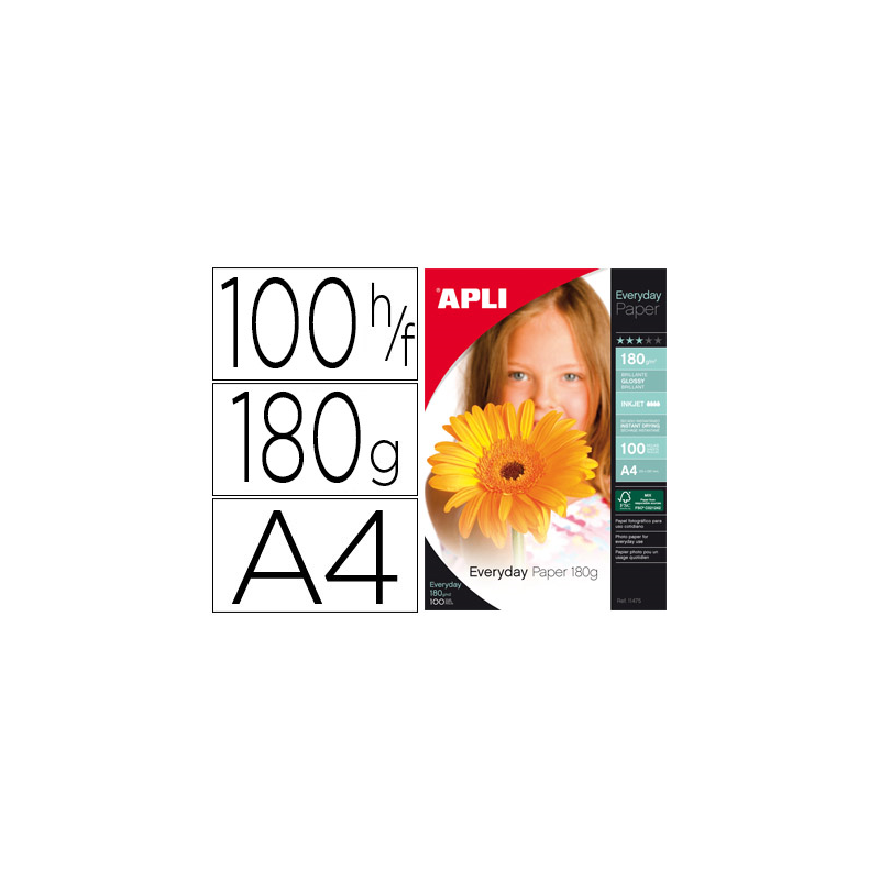 Papel fotografico apli glossy din a4 pack 100 hojas de 180 gr