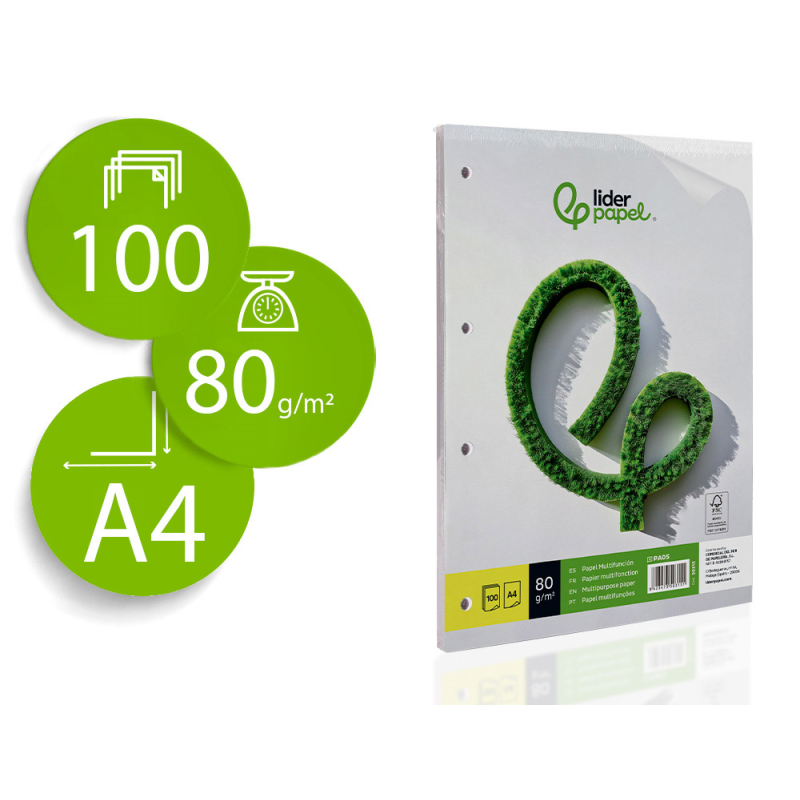 Papel liderpapel a4 80g/m2 liso 4 taladros paquete de 100 hojas