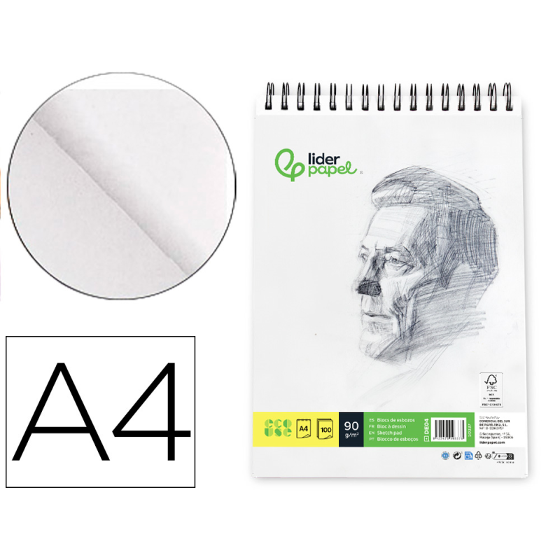 Bloc dibujo liderpapel esbozos espiral din a4 210x297mm 100 hojas 90gr/m2 sin recuadro