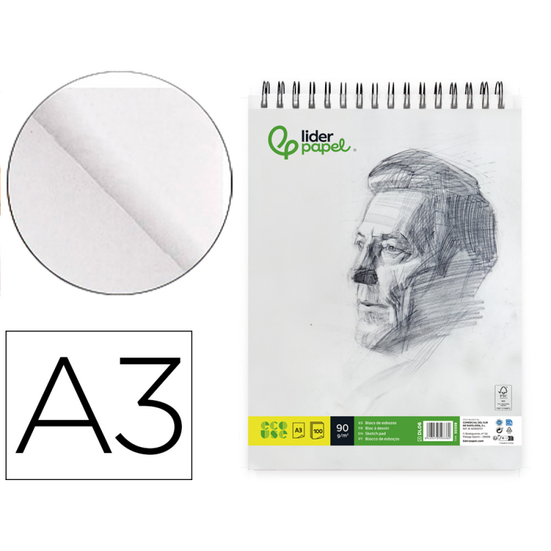 Bloc dibujo liderpapel esbozos espiral a3 297x420mm 100 hojas 90gr/m2 sin recuadro