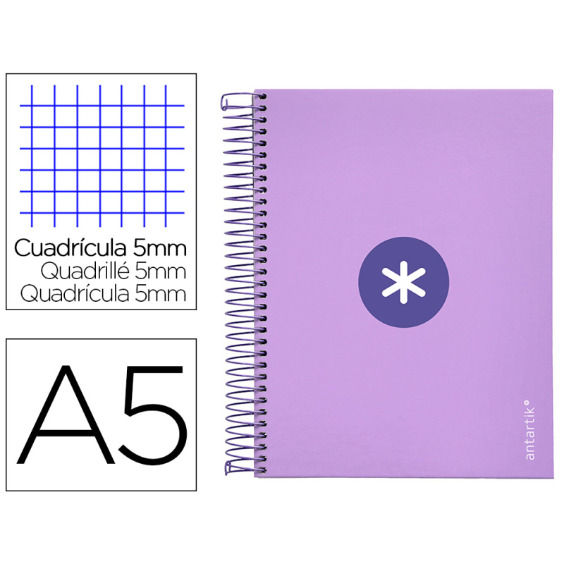 Cuaderno espiral a5 micro antartik tapa forrada120h 90 gr cuadro 5mm 5 banda 6 taladros color lavanda