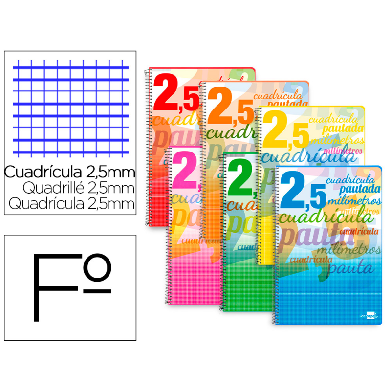 Cuaderno espiral liderpapel folio pautaguia tapa blanda 80h 75gr cuadro pautado 2,5mm con margen colores surtidos